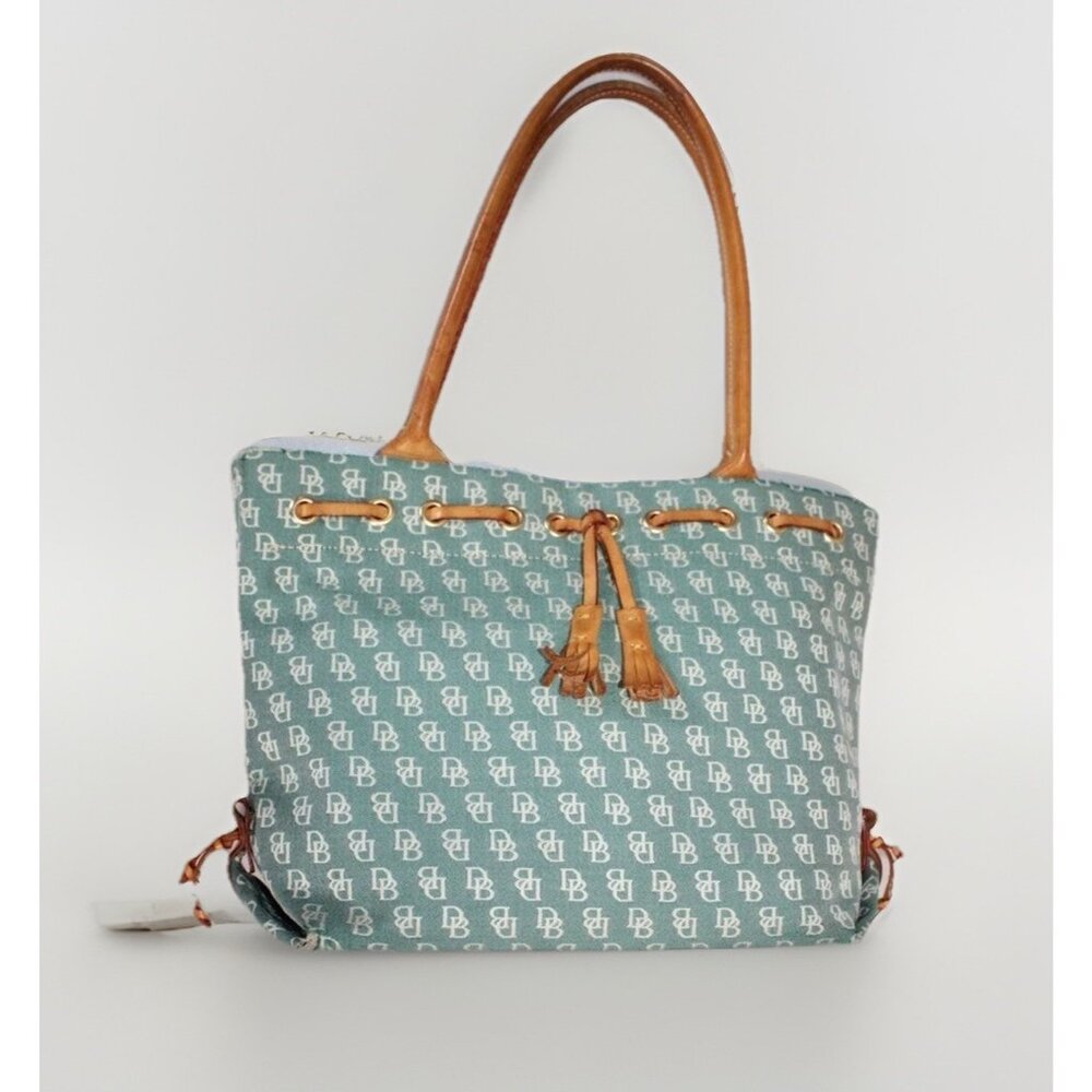 Dooney & Bourke Vtg Rare Green Signature Jacquard Canvas Leather Shoulder Bag